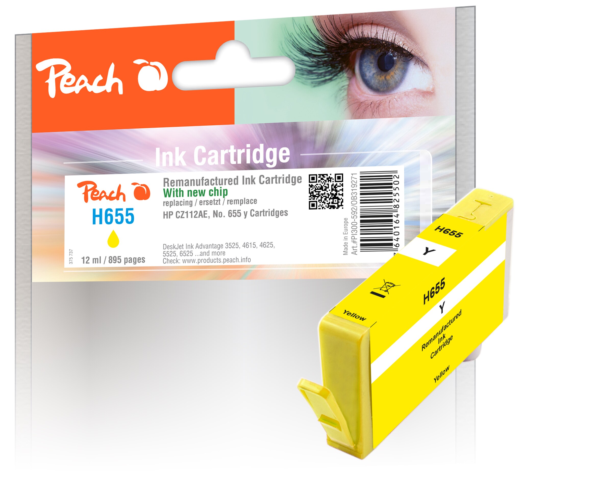 Peach HP 655 y Druckerpatrone ye ersetzt HP No. 655 y, CZ112AE für z.B. HP DeskJet Ink Advantage 3525, HP DeskJet Ink Advantage 4615 (wiederaufbereitet)