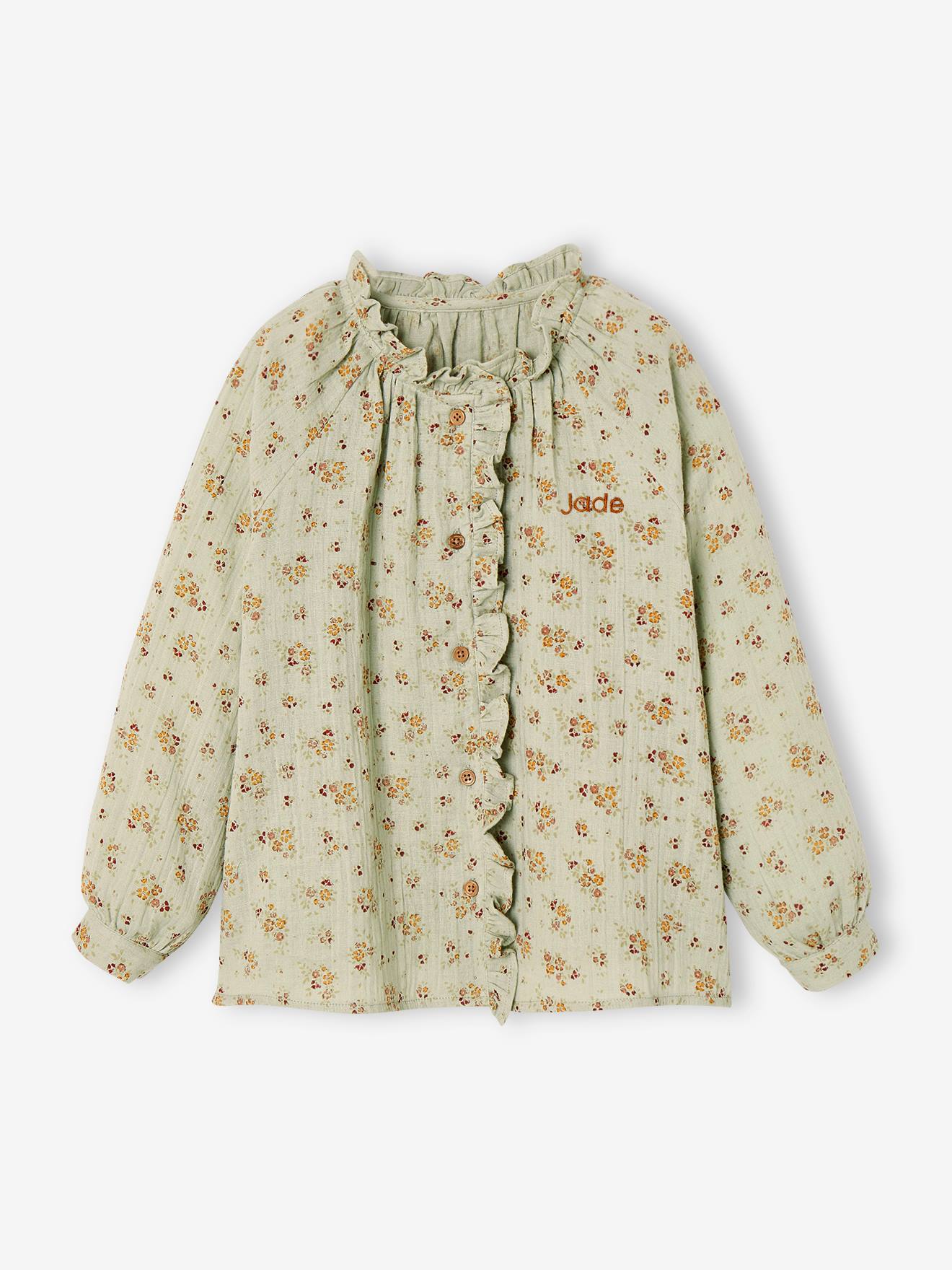 Blusa infantil de chiffon de algodão com babados e estampa floral, cor terracota personalizável.