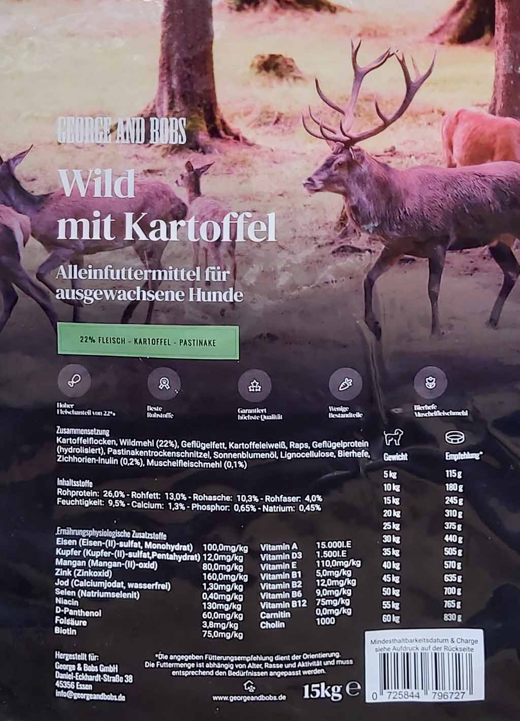 Hundefutter Trockenfutter für Hunde Wild und Kartoffel 15 kg MHD:8.3.25