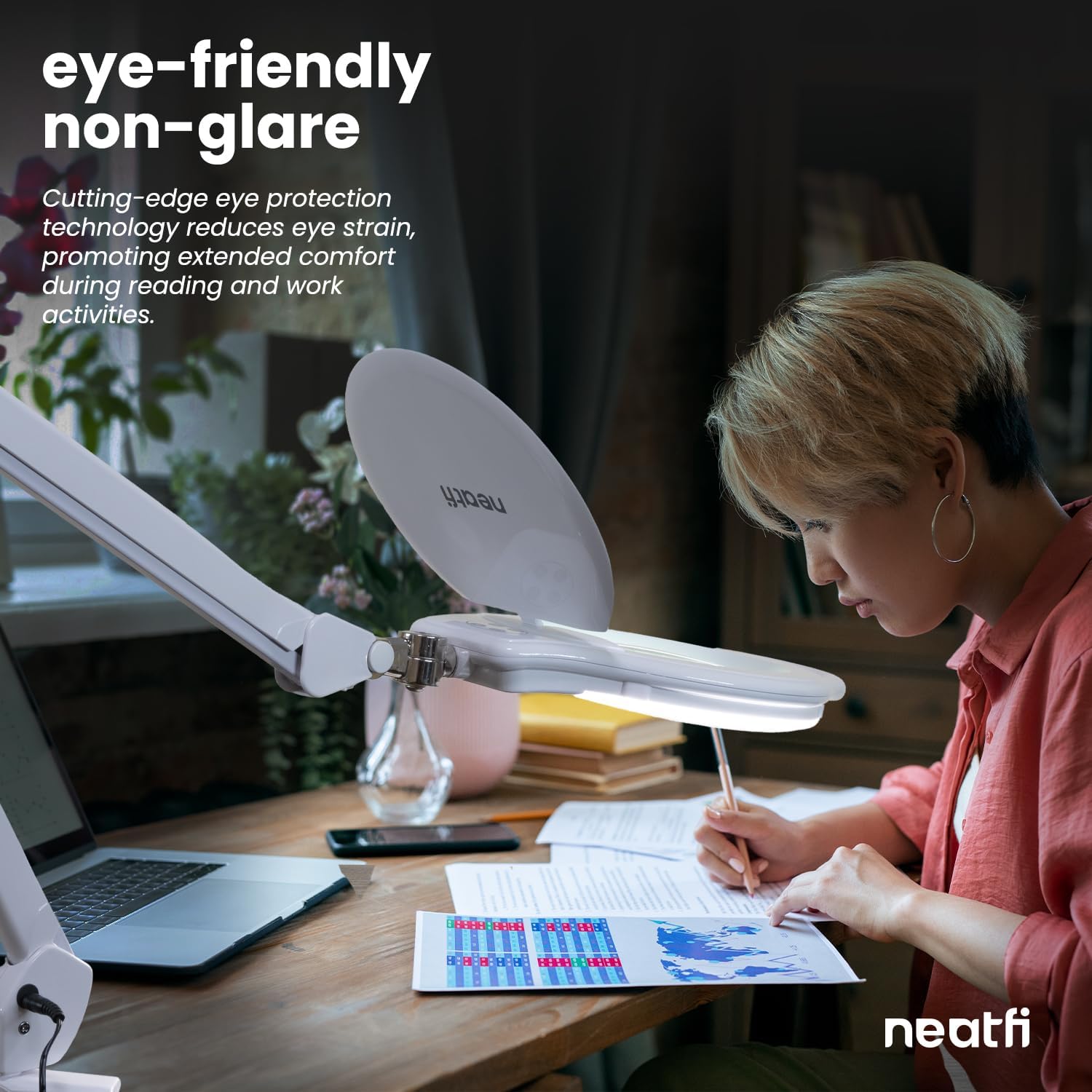 Neatfi Elite XL HD Super LED-Lupenleuchte, 3 Dioptrien mit 12 Dioptrien, dimmbar, 3 Lichtmodi (3000K/4000K/6500K), blendfrei, Verstellbarer Arm (Weiß, 18 cm Glaslinse)