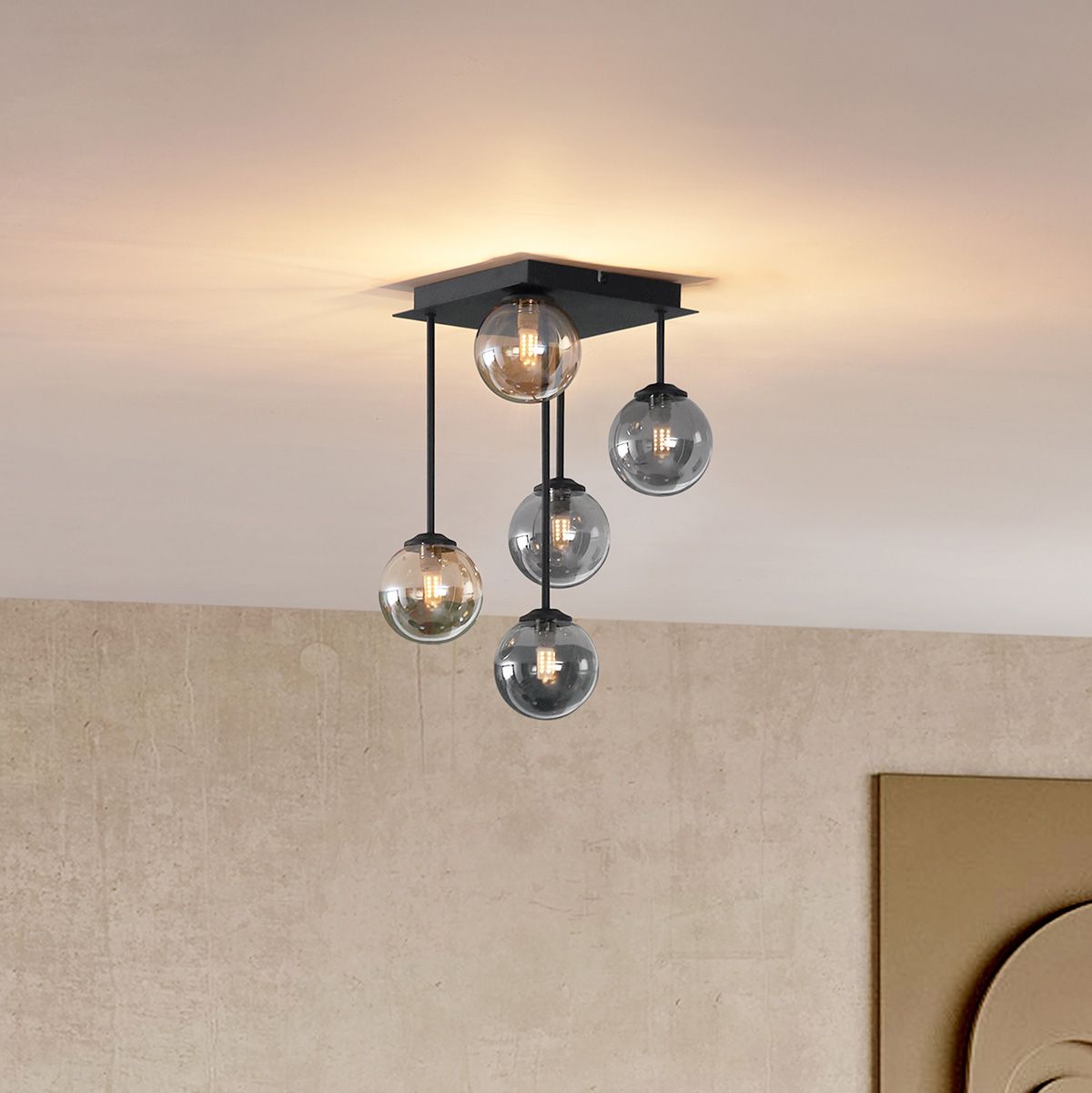 Moderne plafondlamp zwart met amber en smoke glas 5-lichts - Athens