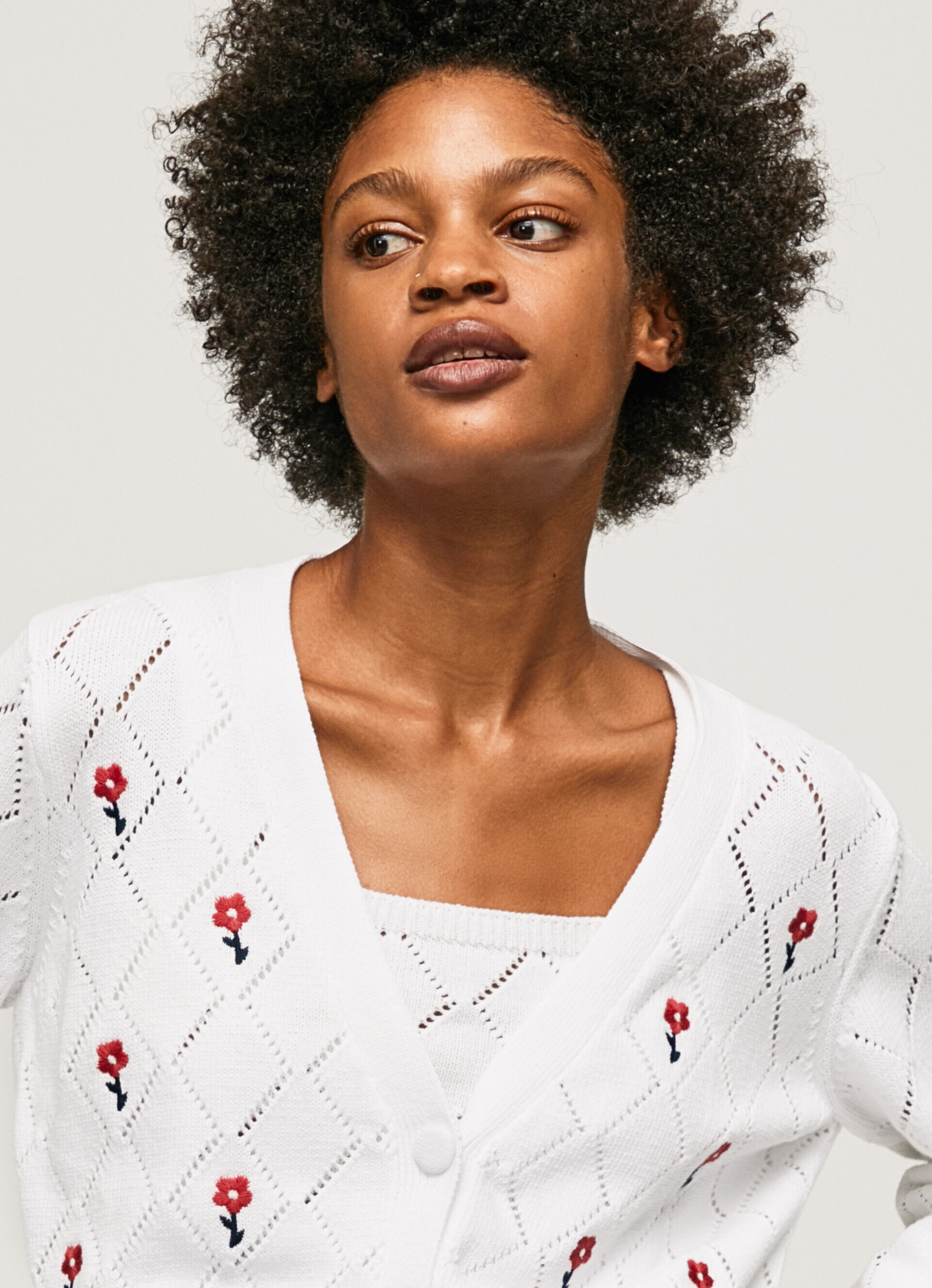Cardigã de algodão com flores bordadas - branco