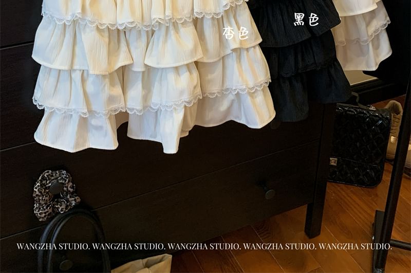 ZENME - Balletcore elastische taille effen gelaagde fluwelen mini A-lijn rok met kantafwerking