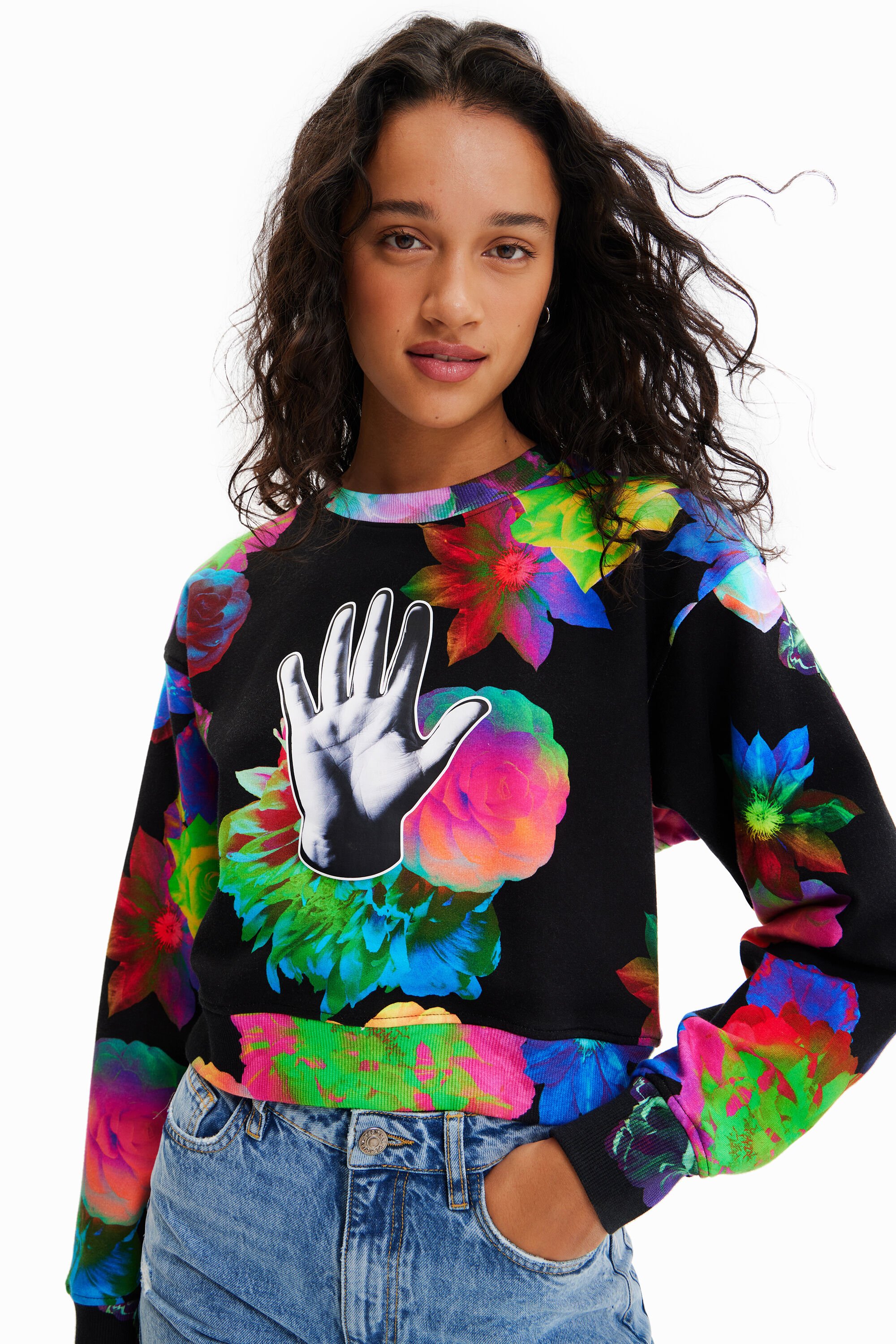 Sweat-shirt court fleurs main