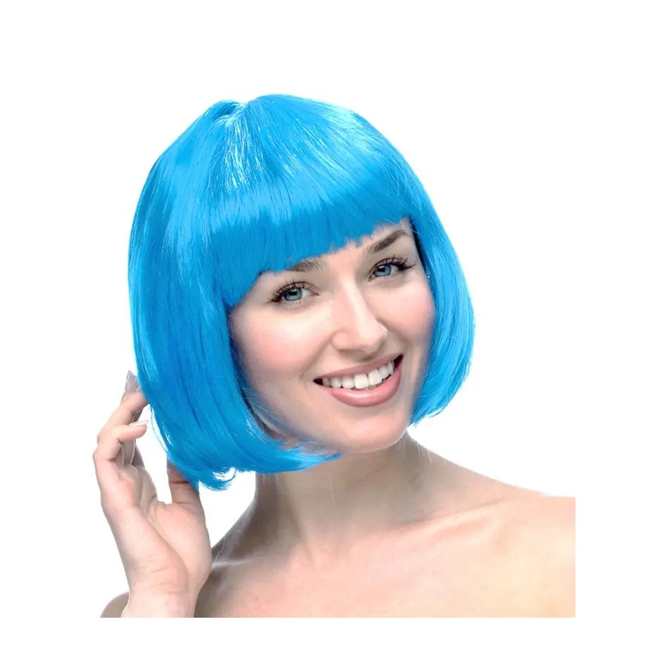 (36cm) Long Bob Perücke mit Pony Fasnacht Kostüm Zubehör Motto Party / Halloween Accessoire inkl. Haarnetz - Blau