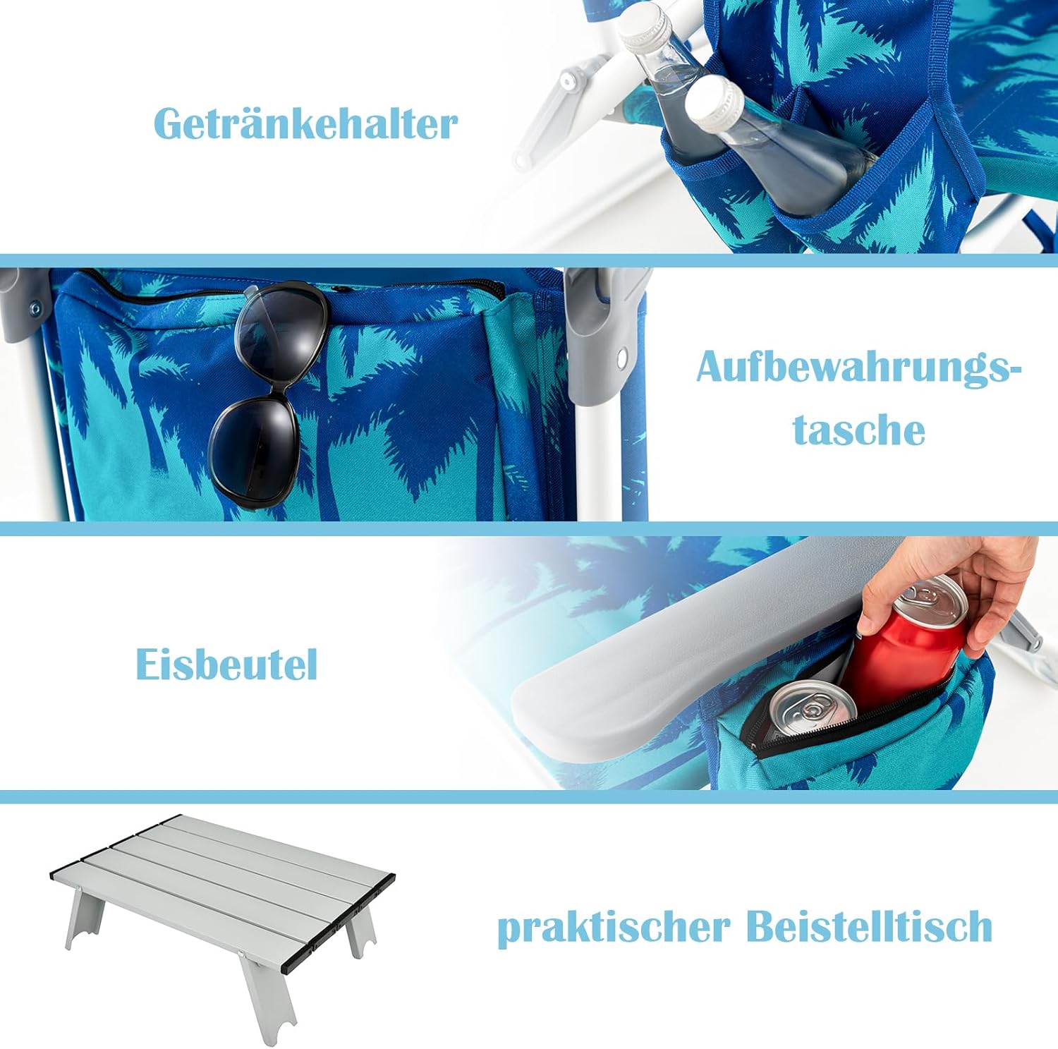 COSTWAY Strandstühle und Tisch Set, klappbare Campingstühle mit Verstellbarer Rückenlehne, Kopfstütze, Seitentaschen, Eisbeutel, Schultergurten & Armlehnen, Klappstühle leicht (Kokosnusspalme)