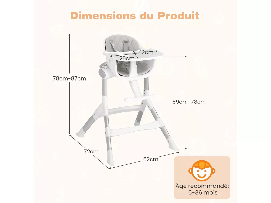 4-en-1 Chaise Haute Bébé Convertible avec Hauteur Réglable à 5 Positions, Chaise de Repos Evolutive avec Plateau Réglable, Coussin de Siège Amovible, Charge 15KG, 6-36 Mois (Gris)