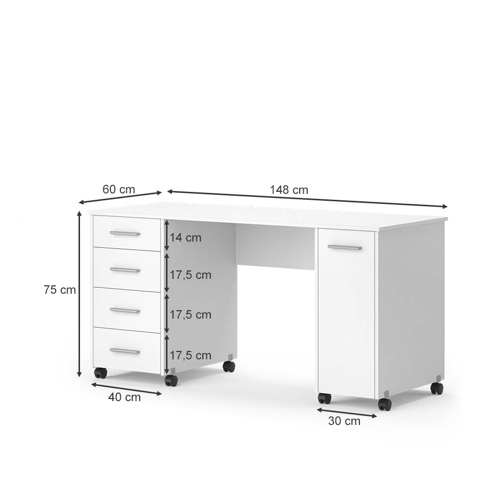 Vicco Nähtisch Verona auf Rollen 148x75x60cm weiß, Basteltisch mit 4 Schubladen