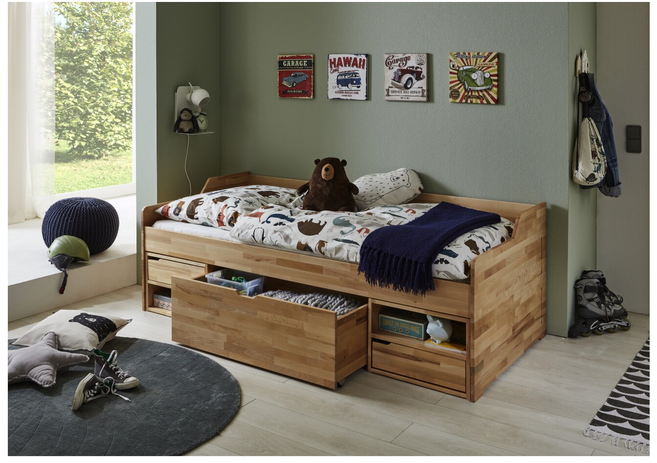 Relita Kojenbett LEVI 90x200 Buche massiv natur lackiert, inkl. Rollrost, 2 kleine Schubladen, 2 offene Fächer, 1 große Schublade