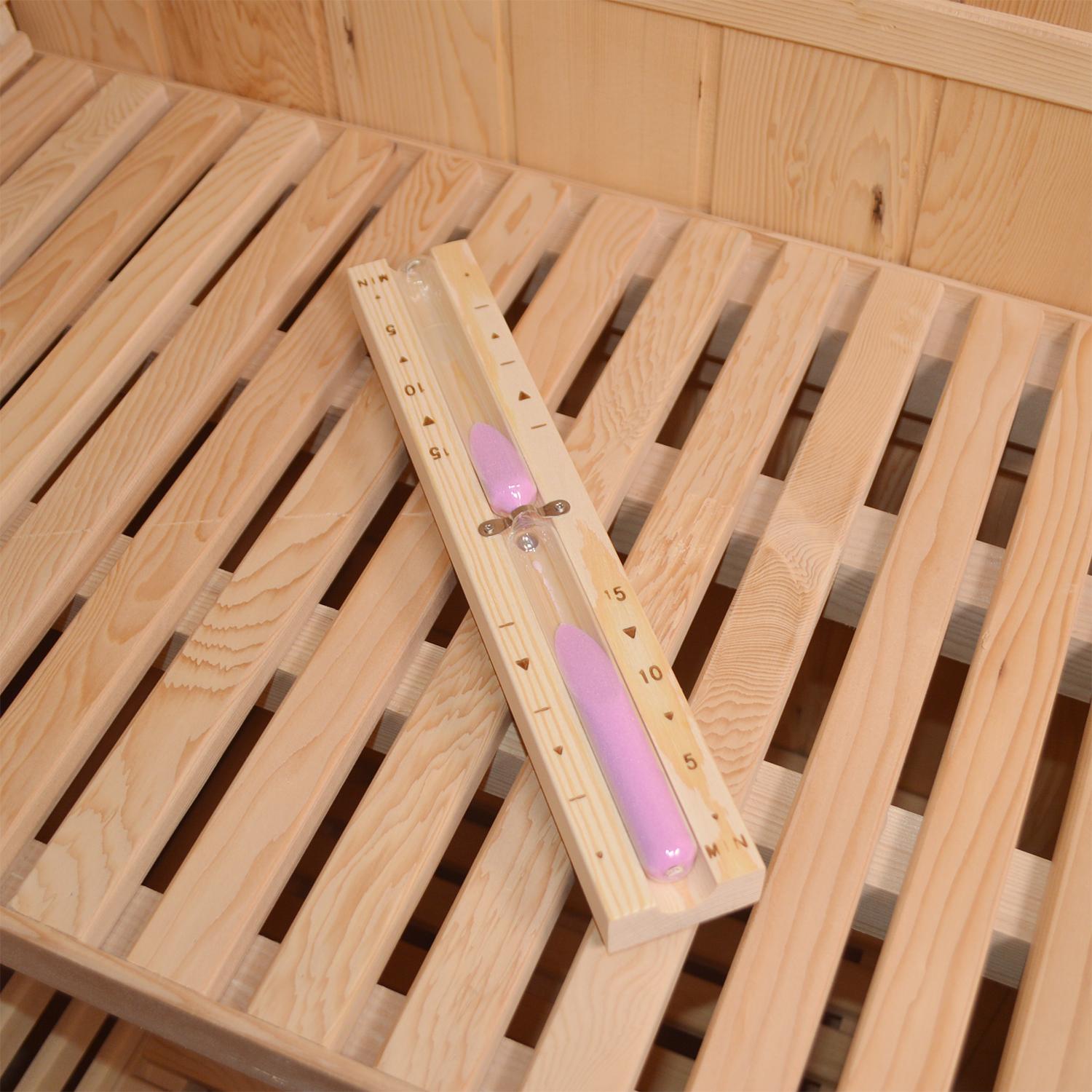Dewello® Sauna Sanduhr 15 Minuten aus 100% Pinie + 2 Schrauben, vorgebohrt - Glas robust & hitzebeständig, Sauna Zubehör