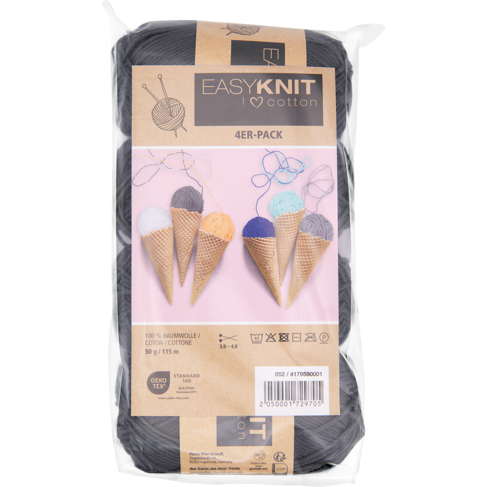 Baumwollgarn I love cotton 4er-Set, 4 x 50 g / Knäuel anthrazit