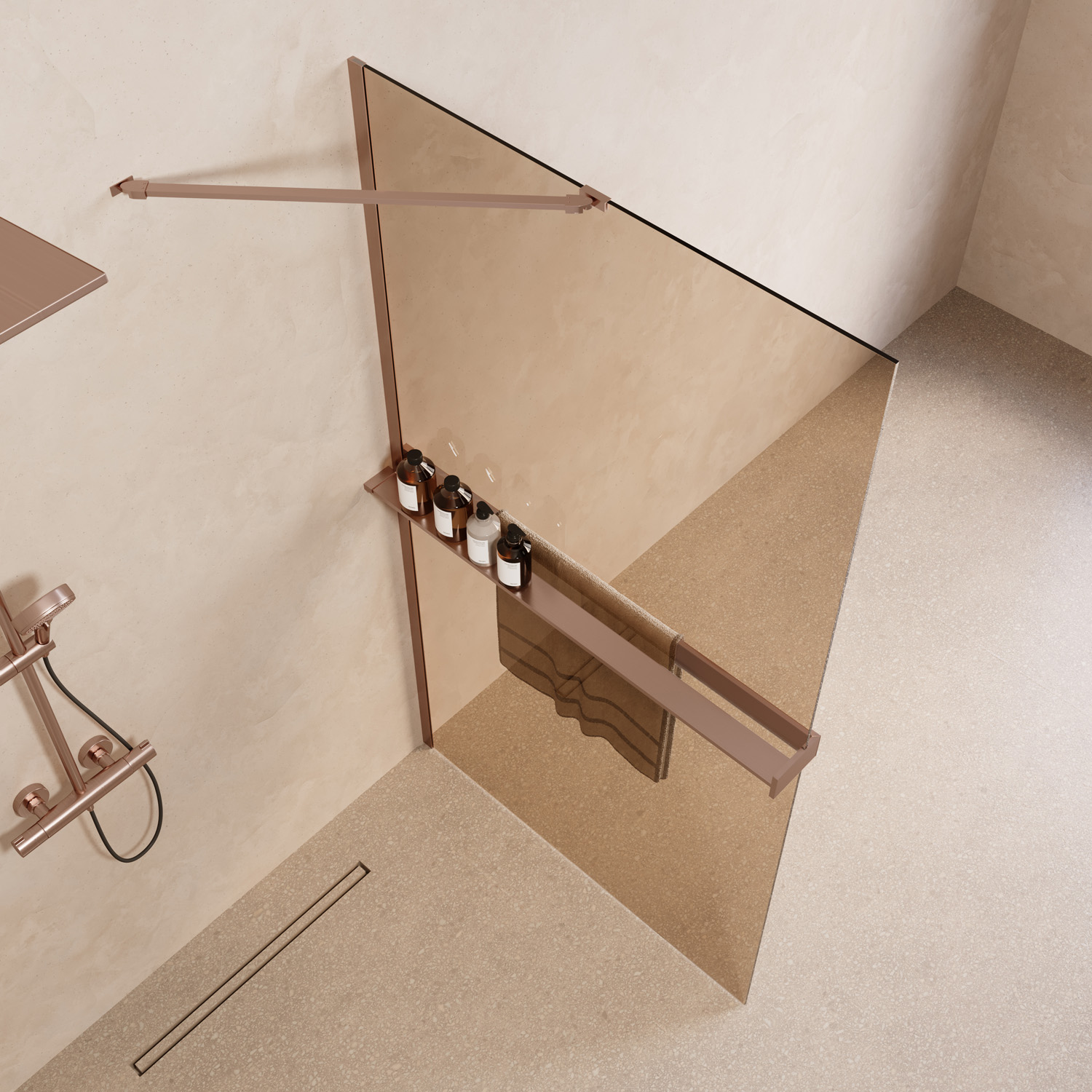 Saniclear Oblique inloopdouche 80cm met handdoekhouder en bronsglas geborsteld koper