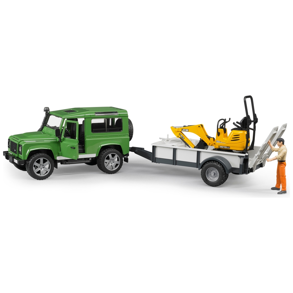 Bruder Land Rover Defender mit Anhänger, JCB-Bagger und Arbeiter