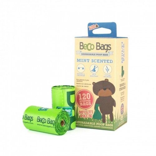Pacote com 120 sacos biodegradáveis para fezes de cachorro BecoBags, com aroma de menta.
