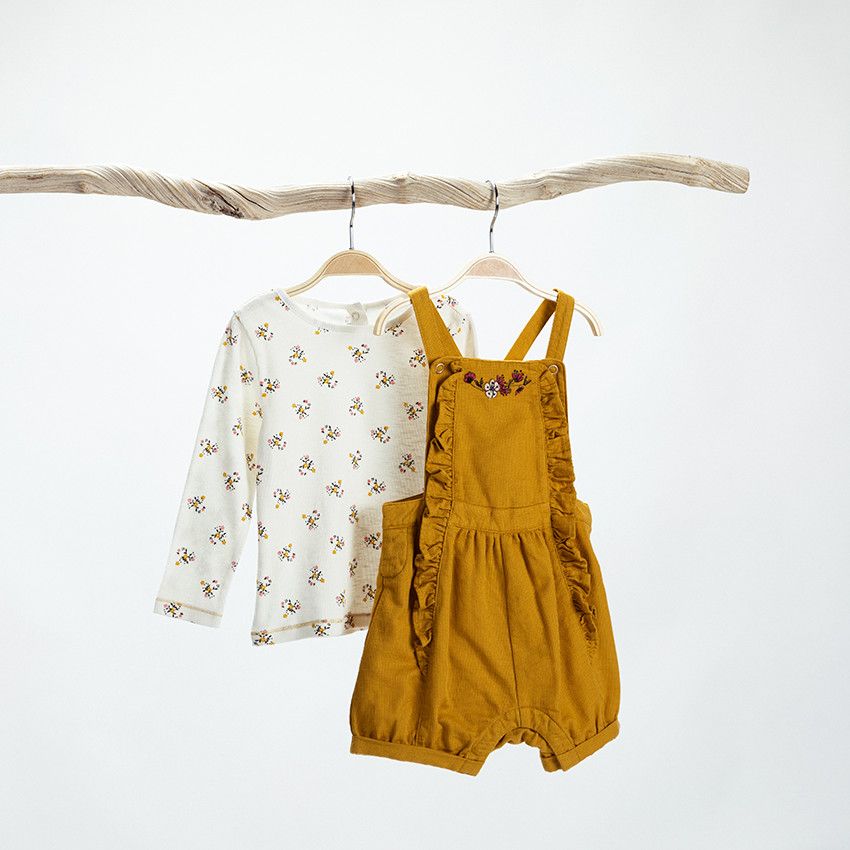 Salopette courte en coton armuré avec broderie pour bébé fille - Ecru