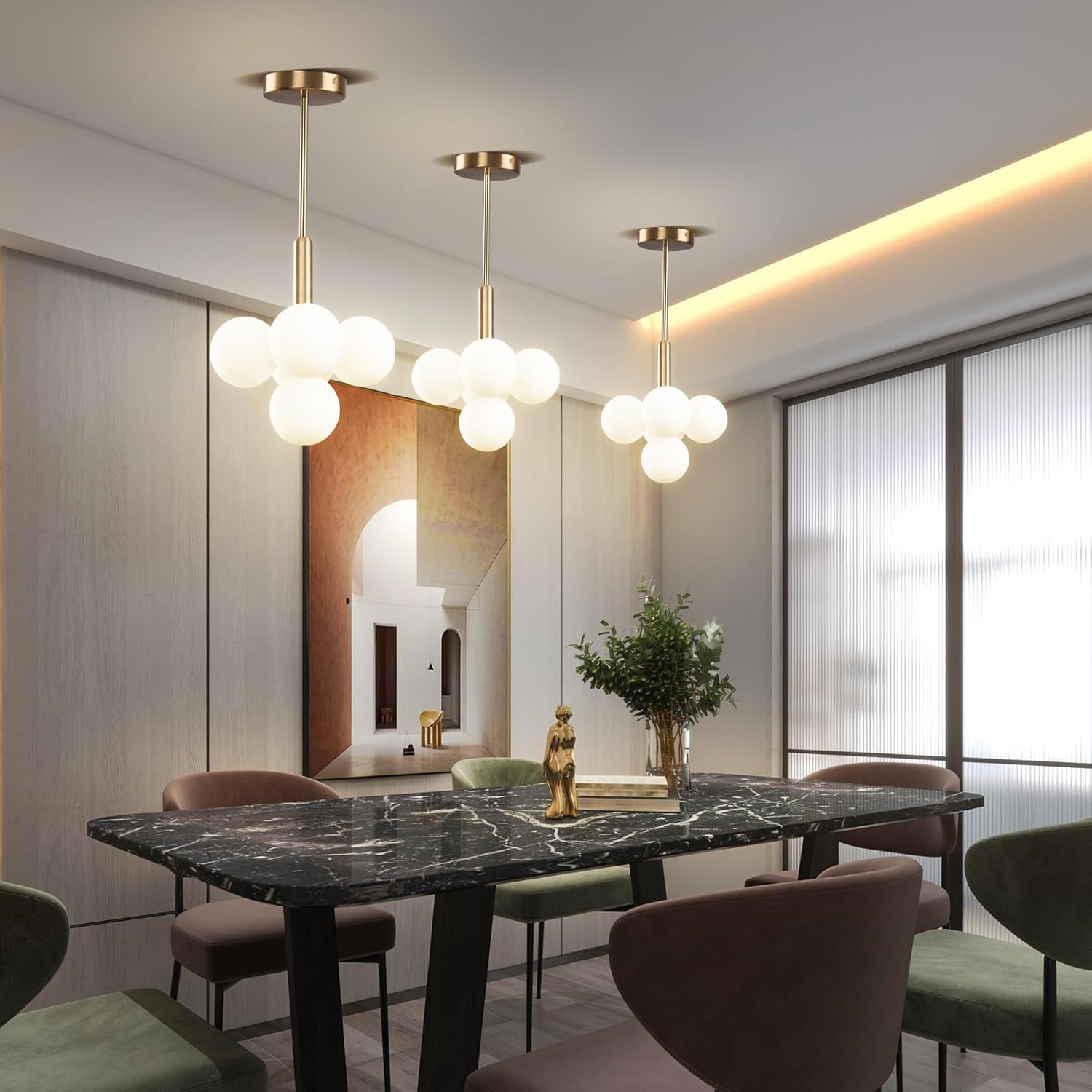 Moderne Gold Kronleuchter,Weißem Glas Globe Pendelleuchten, 5-flammiges Design,Verstellbare Vintage Hängeleuchte,Halbeinbau Deckenleuchte,Geeignet für Flur,Esszimmer und Küche