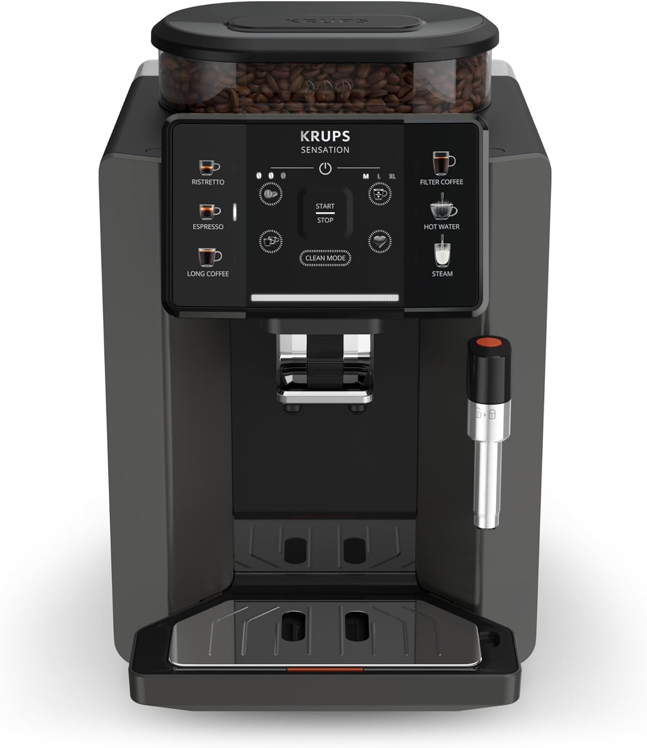 Krups Sensation C50, Machine à café grains, machine expresso, 5 boissons accès direct, Interface tactile, Facile à utiliser, Nettoyage automatique, Buse vapeur Cappuccino, Fabriqué en France EA910810