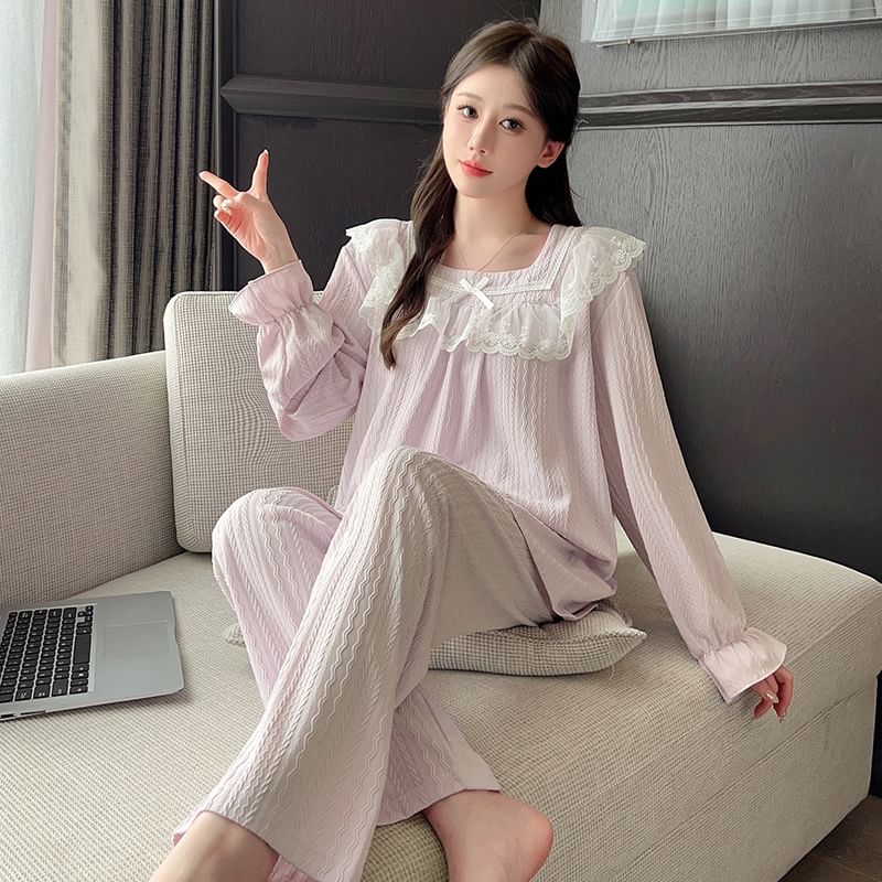 Siensien - Pyjamaset: lange mouwen, vierkante hals, strik, ruches, gewatteerde top + elastische taille, effen rechte broek