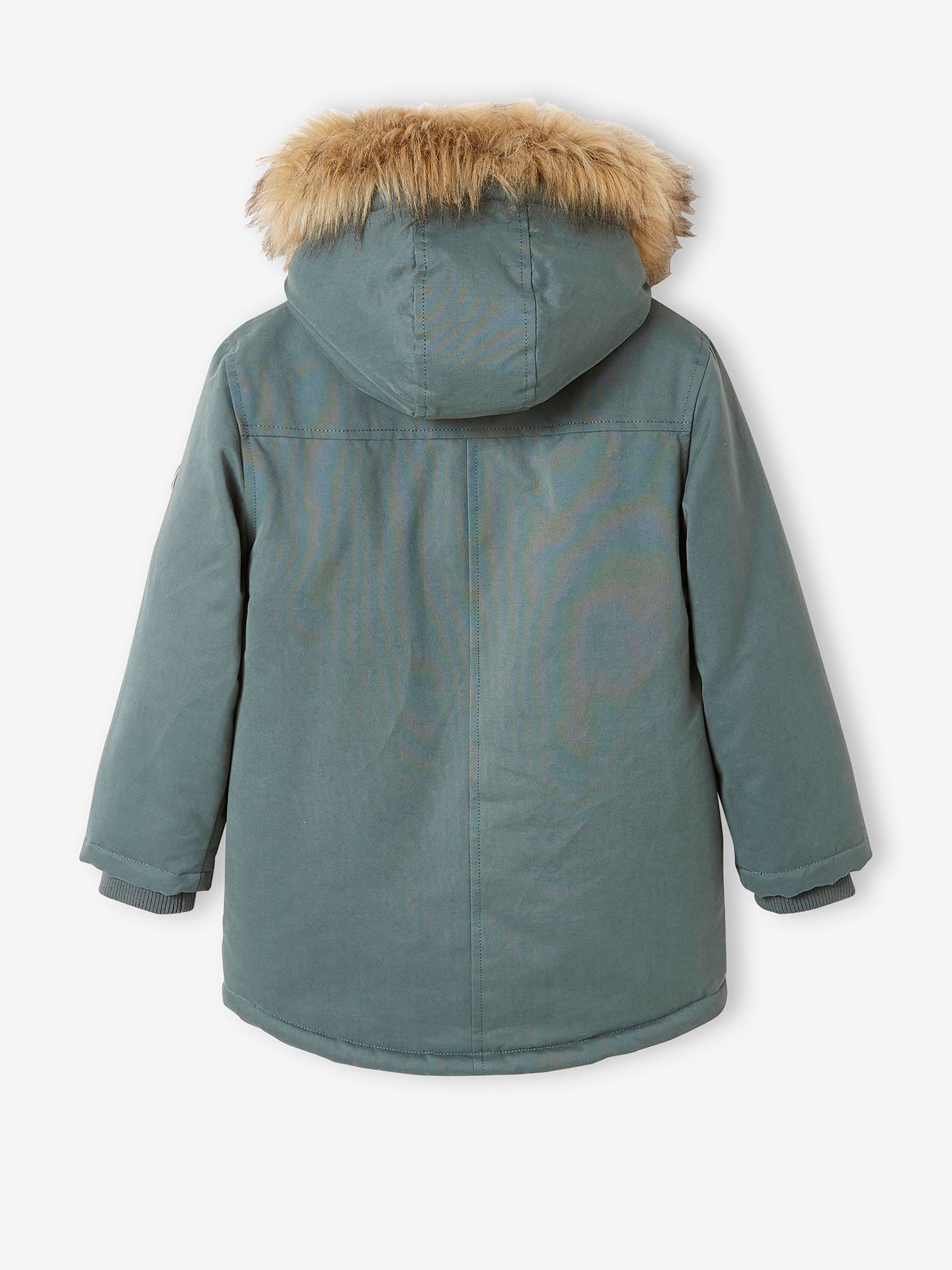 Parka com capuz e forro de sherpa, enchimento de poliéster reciclado, verde médio liso com motivos para meninos