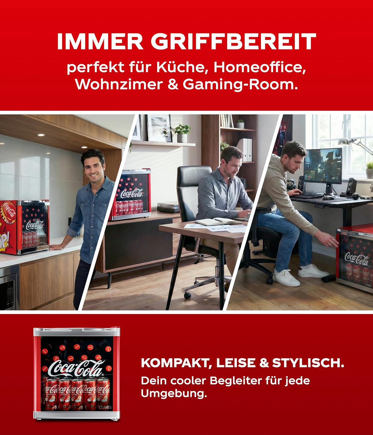 CUBES Original Coca-Cola PopArt Mini Kühlschrank Rot (48L) - Getränkekühlschrank mit Glastür, leise & energieeffizient - Perfekt für Büro, Partys & Gaming - Cooler Flaschenkühlschrank - Für Getränke