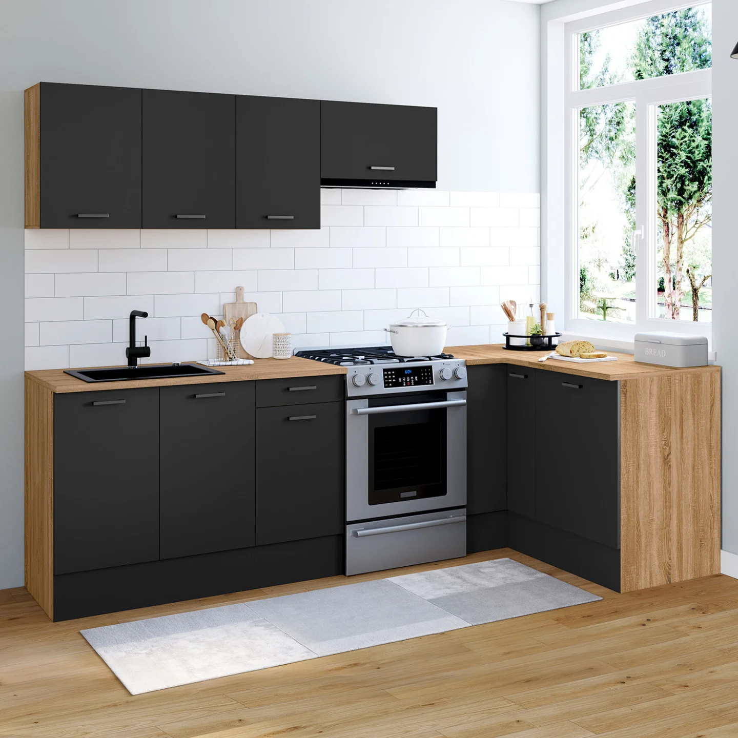 Cuisine complète d'angle 400 CM SUBTIL avec plan de travail 7 élements bois et noir