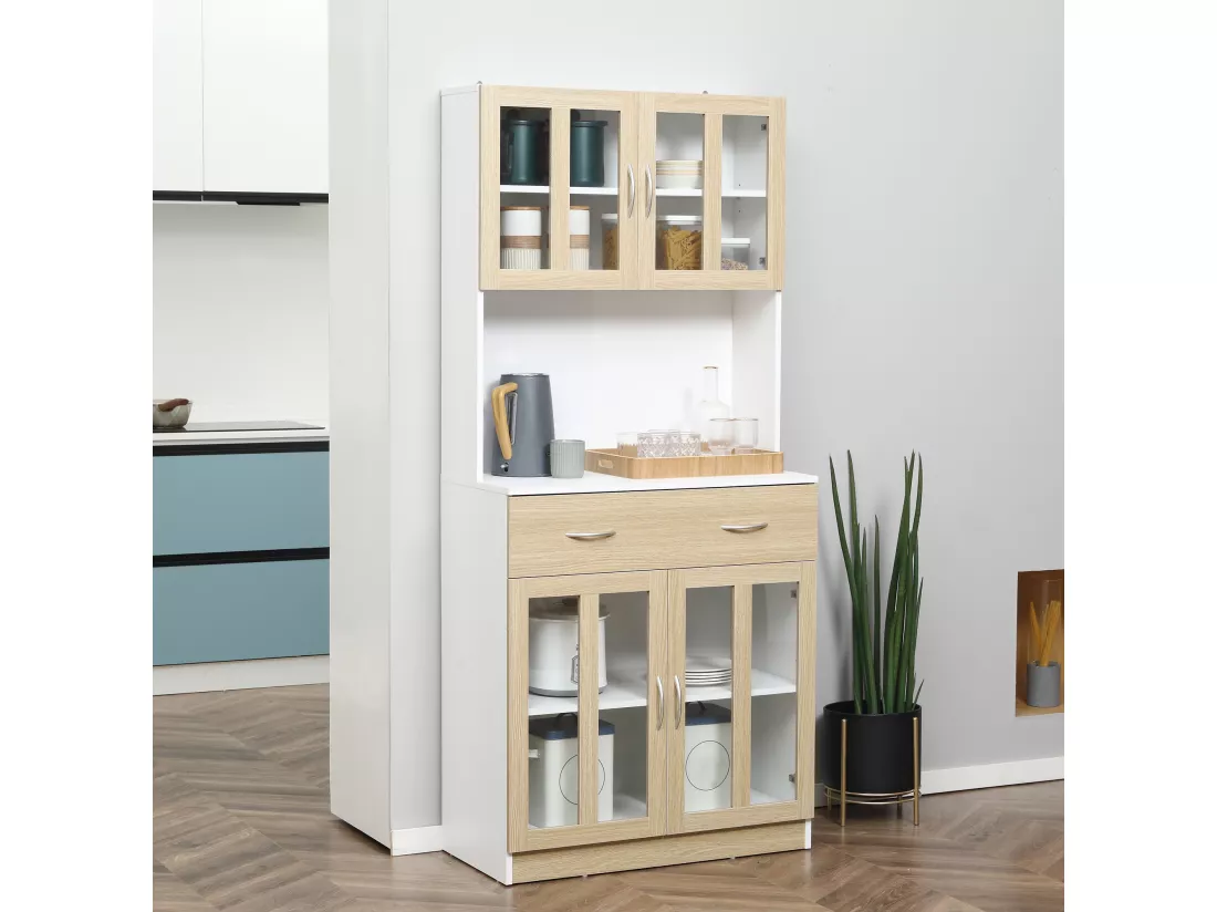 Buffet haut multi-rangement 4 portes vitrine verre avec étagère tiroir coulissant grand plateau panneaux particules blanc aspect chêne clair