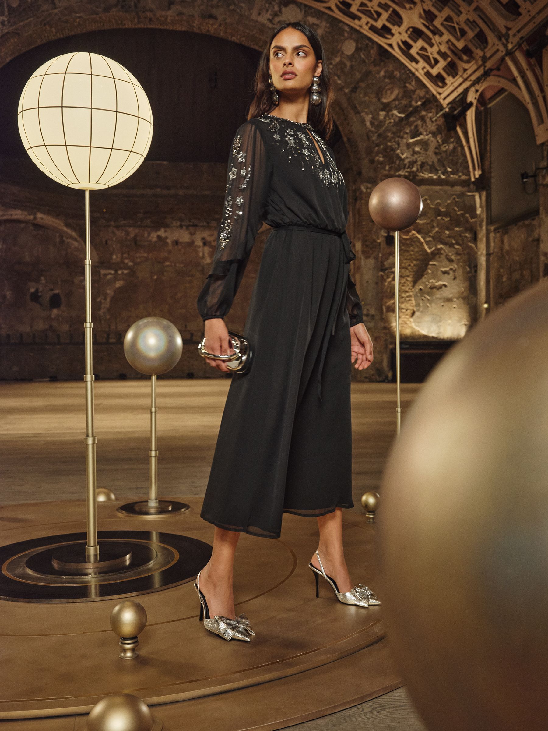 Love & Roses Embellished Long Sleeve Midi Dress