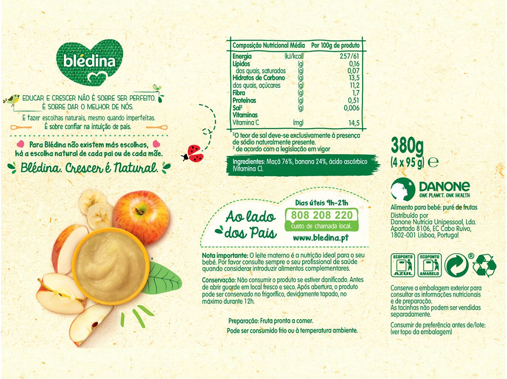 FRUTA BLEDINA 100% MAÇÃ E BANANA 4X95G