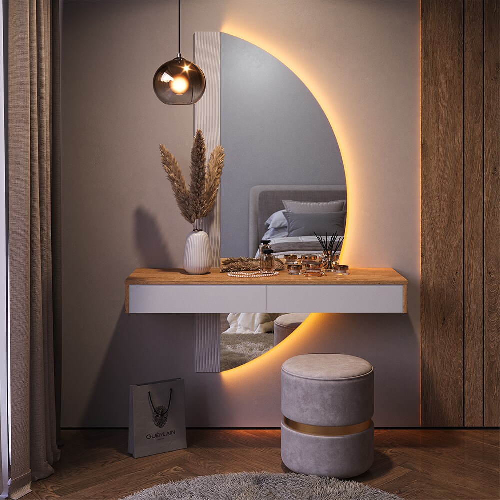 Vicco Schminktisch Melisa 120 x 161 cm Eiche Weiß LED-Spiegel Schublade modern
