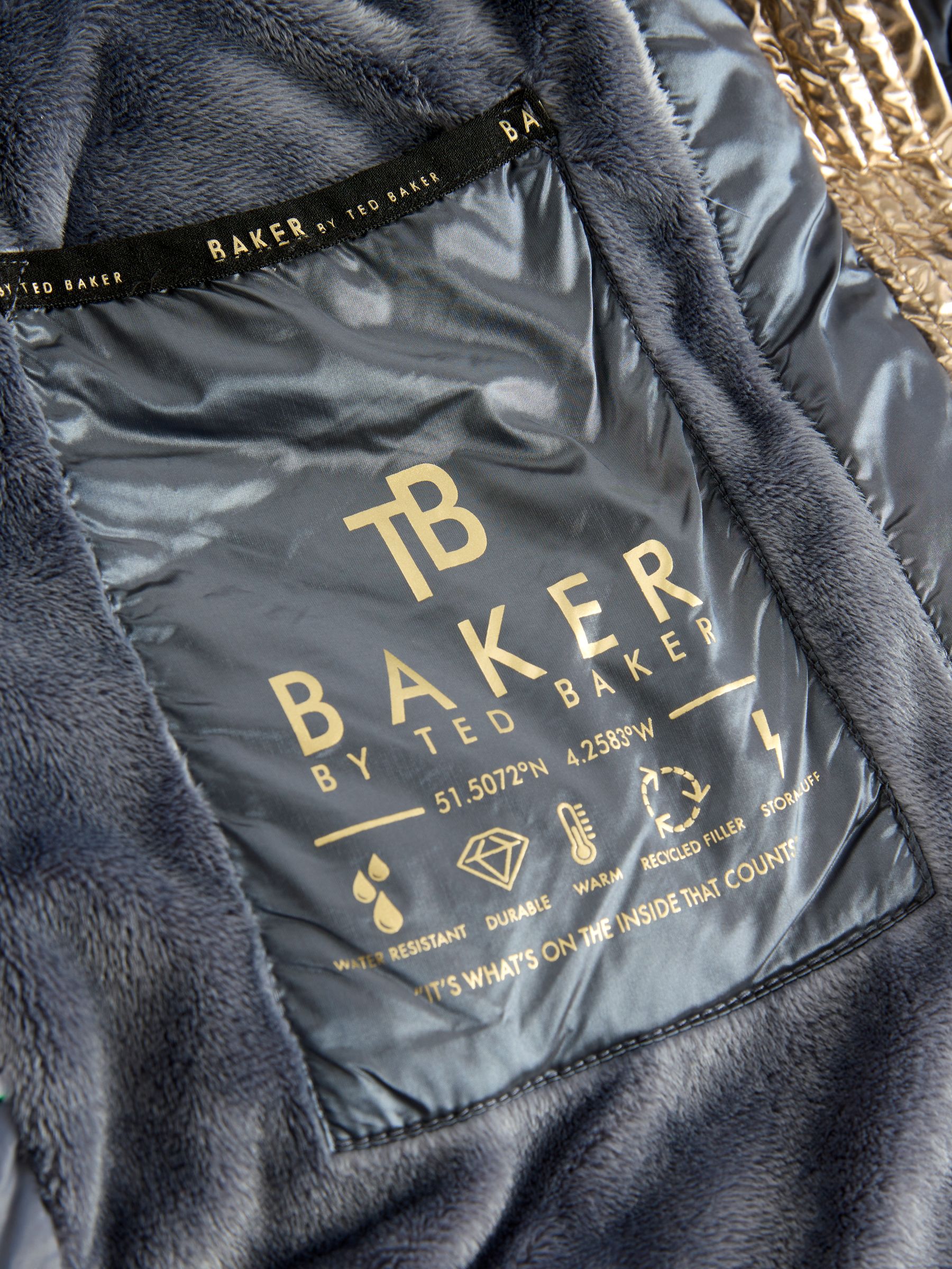Baker by Ted Baker - Marineblauwe, regenbestendige gewatteerde jas met parels en ceintuur