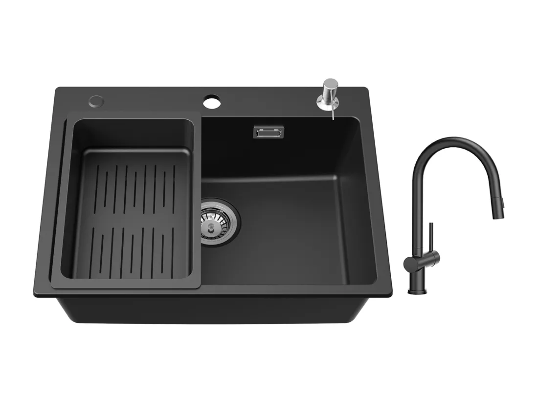 Cecipa max Evier en Quartz 60*45cm, avec Panier de Vidange et Distributeur de Savon Gratuits+Mitigeur avec Douchette Extractible avec 2 Types de Jet