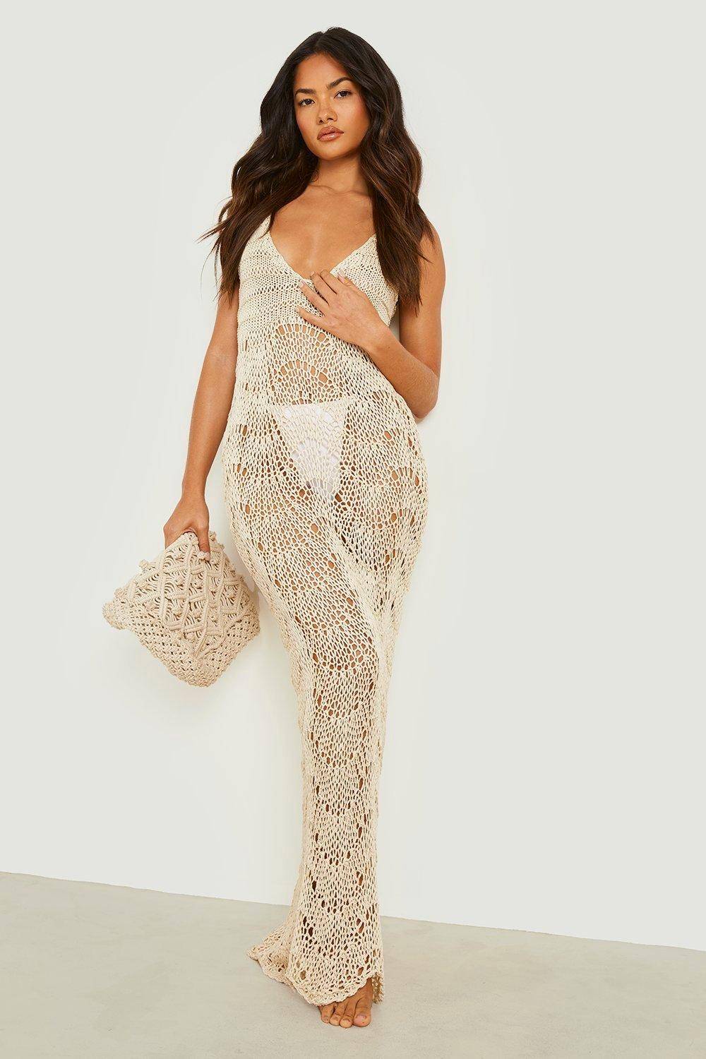 boohoo Robe de Plage en Crochet à Bords Frangés et Encolure Scoop