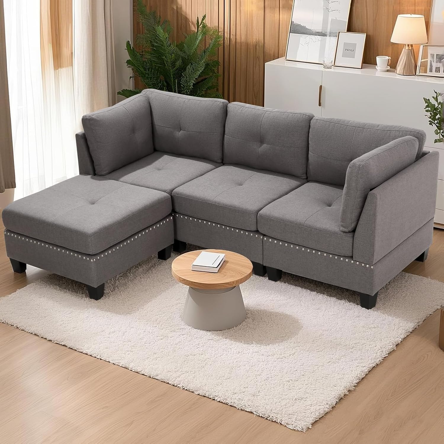 YODOLLA Ecksofa mit Schlaffunktion, L-Form Sofa Couch mit Bettkasten freistehend, 3-Sitzer Eckcouch, Schlafsofa für Wohnzimmer, Grau (Hocker Flexible beweglichkeit)