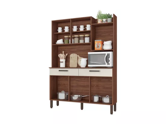 Buffet de Cuisine 6 Portes 2 Tiroirs Noyer Blanc 10 Niches L 132 H 186 P 38.8 cm