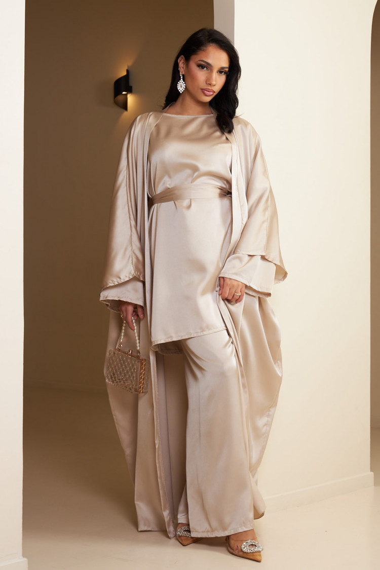 Ensemble 3 pièces blouse + pantalon + gilet + ceinture beige