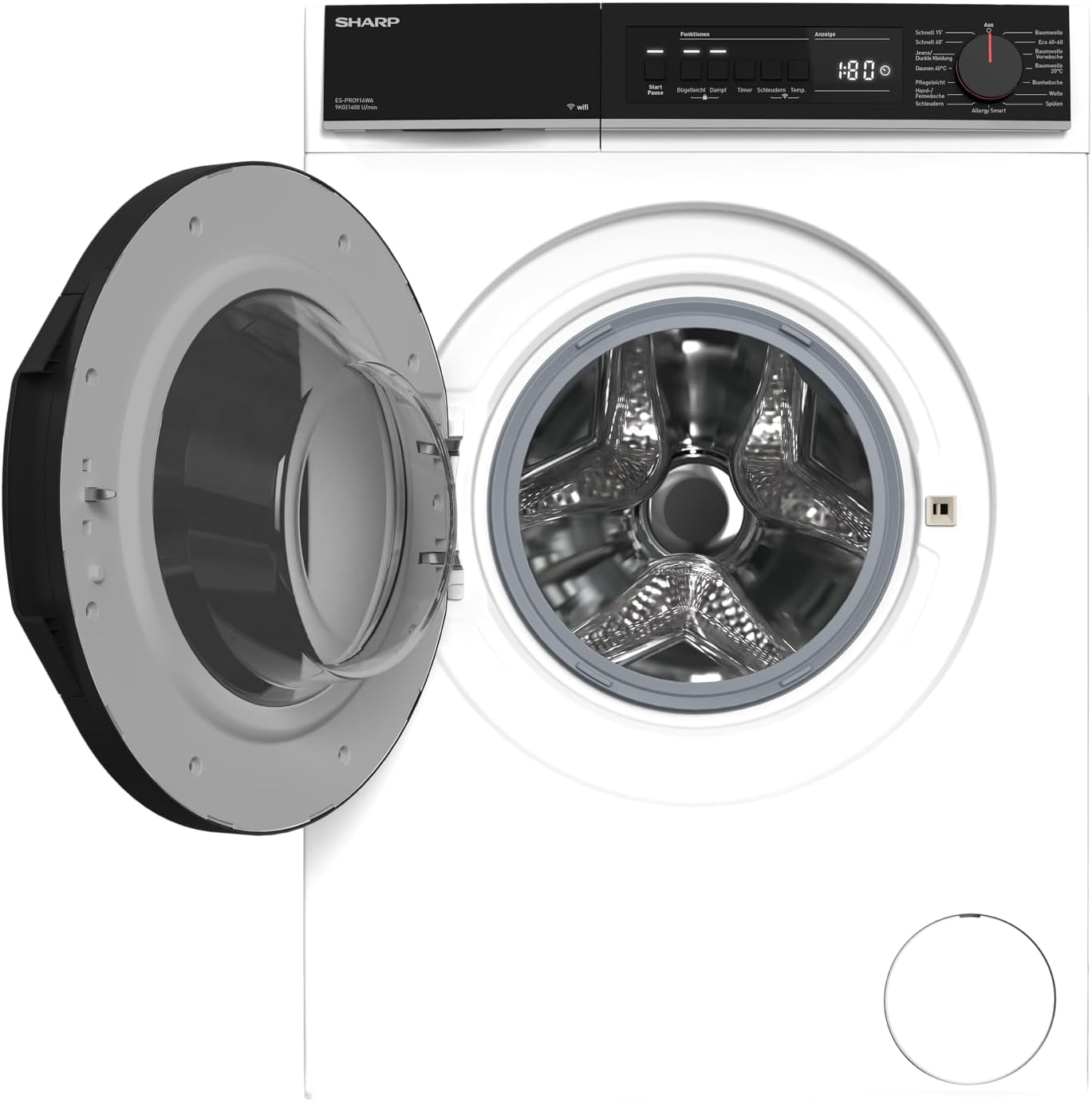 SHARP ES-PRO914WA-DE Waschmaschine Frontlader, 9kg, 1400U/min, Smarte Bedienung durch Veezy App, Dampffunktion, Inverter, 15 Programme, AquaStop, Weiß