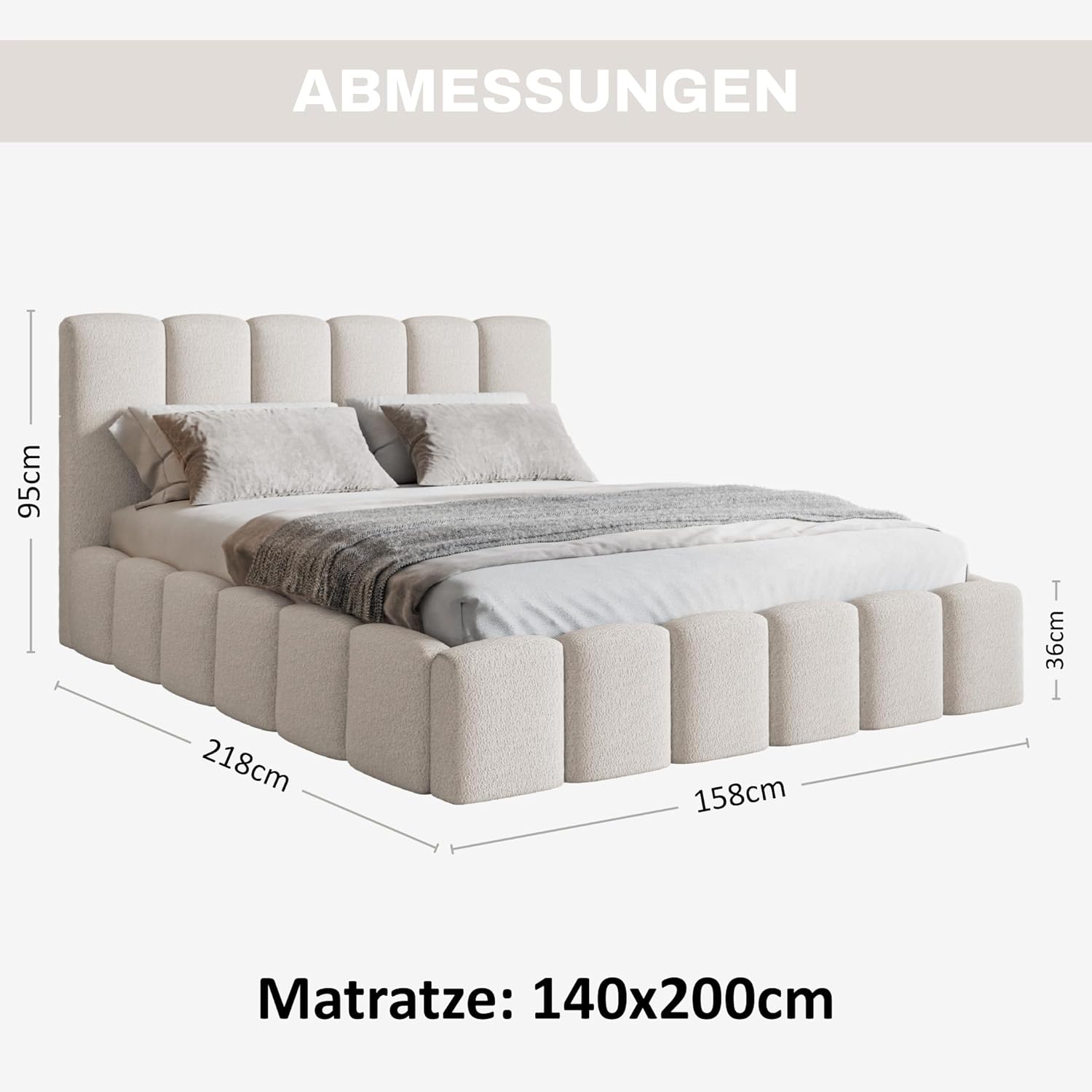 Nunu Bubble Bett 140x200 Weiß Boucle, mit Stauraum, mit Kopfteil, mit Lattenrost, ohne Füße, ohne Matratze, Bubble Polsterbett 140x200 mit Bettkasten Weiß (Milch)