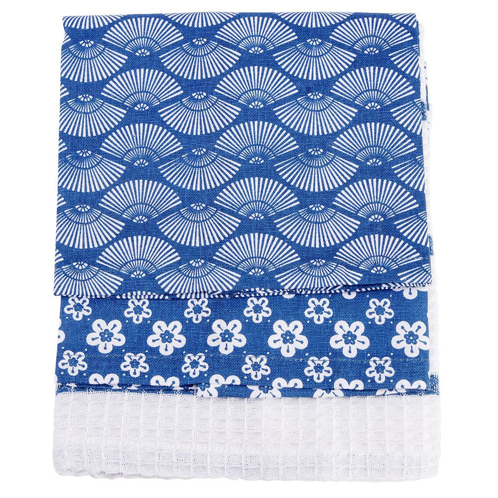 Torchon imprimé blanc bleu x3