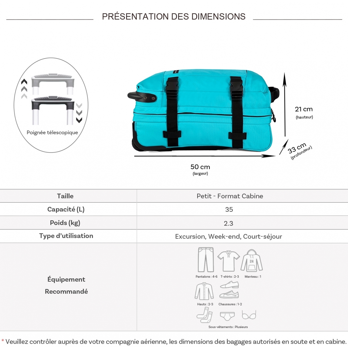 David Jones Sac de voyage cabine à roulettes 35L double compartiment David Jones taille S 50cm