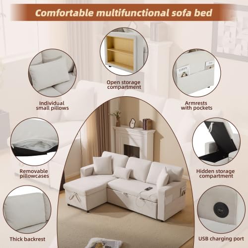 L-Form Schlafcouch Ecksofa Ausziehbar | Bettkasten + Regal + USB-Anschluss, 4 Sitzplätze, Stauraum, platzsparend für kleine Wohnungen & Jugendzimmer, Beige