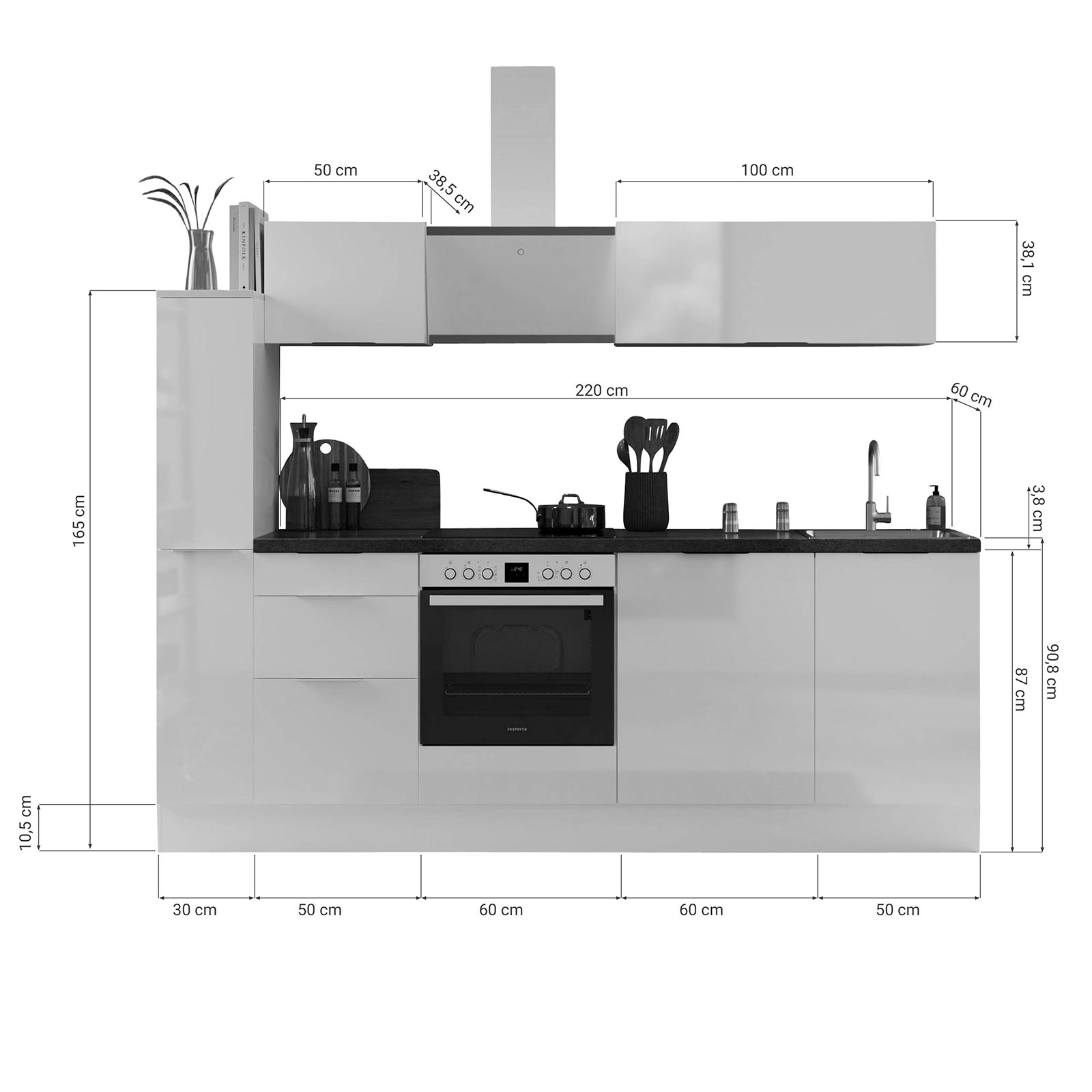 RESPEKTA Küchenblock - grau matt - mit E-Geräten - 250 cm