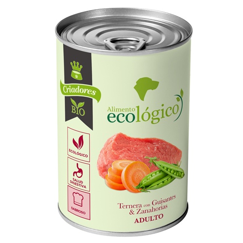 Ração orgânica para cães adultos da marca Breeders, com carne bovina e ervilhas em lata.