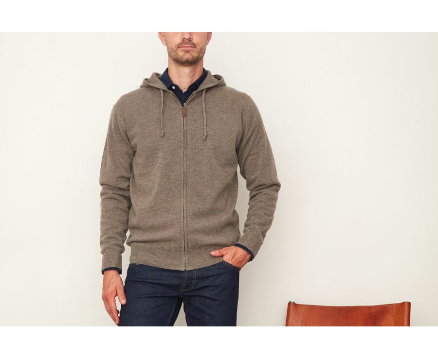 Gilet homme laine zippé à capuche Gris Taupe Chiné - HOODAN