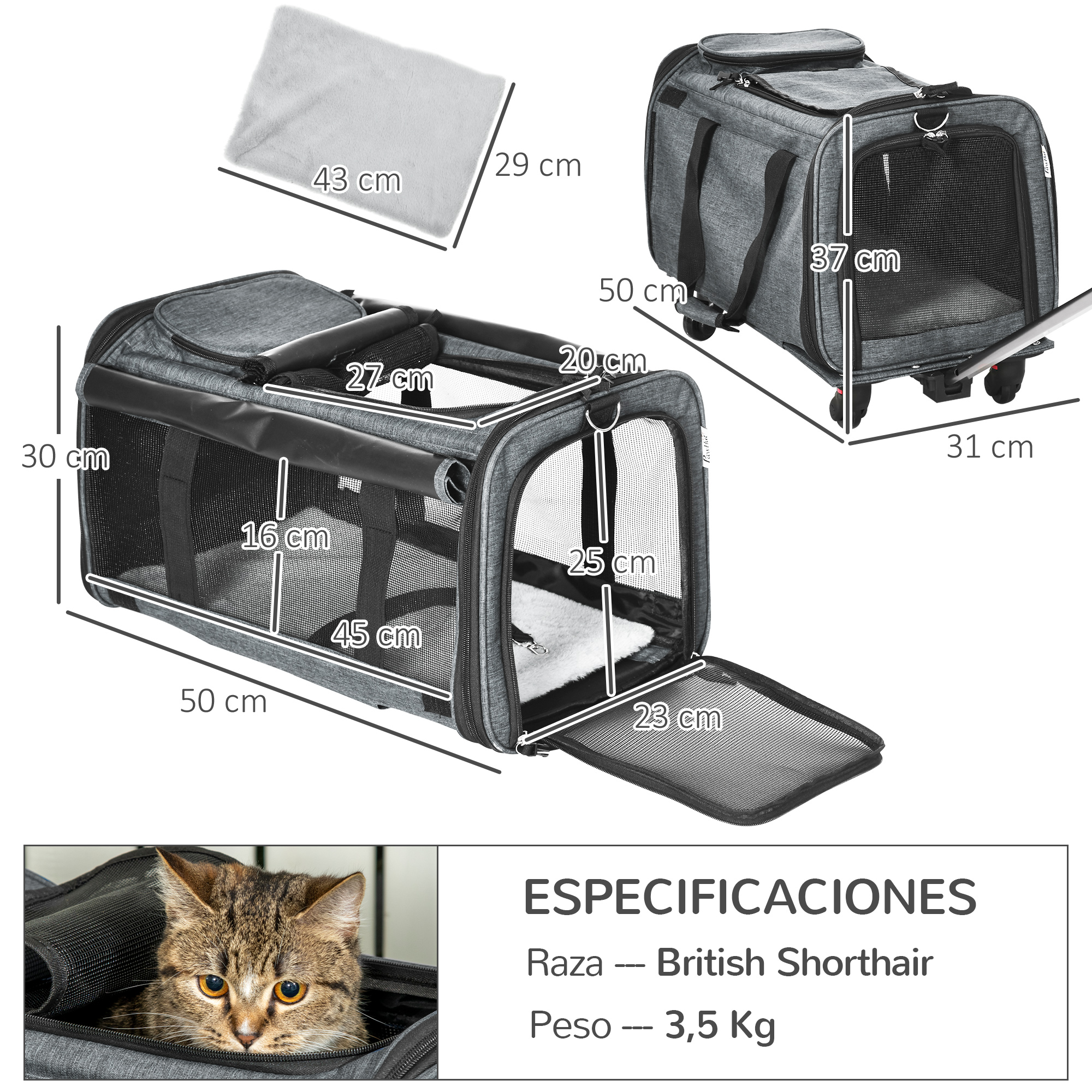 Carrinho de transporte 4 em 1 PawHut para animais de estimação com rodas, bolsa para transporte de cães e gatos com alça telescópica de alumínio, 50x31x37 cm, cinza