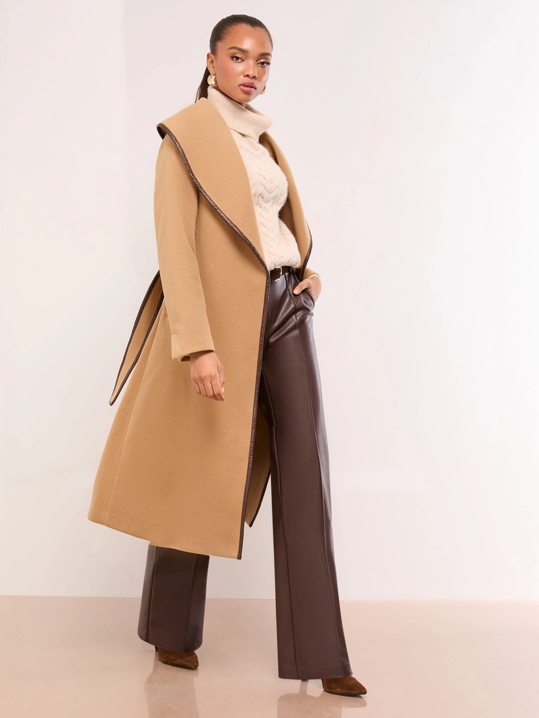Camel - Lipsy Shawl Lapel Wrap Coat