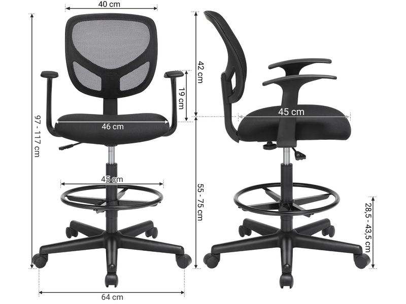 Songmics Bürostuhl mit Armlehnen und Fusskreuz, Schwarz Bequemer und ergonomischer Schreibtischstuhl