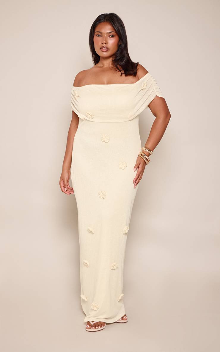 Jaune Robe Longue Grande Taille À Épaules Dénudées Avec Détails Floraux Appliqués