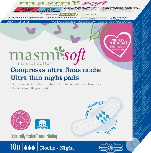Masmi Serviettes Ultra-Minces Soft Nuit Coton Bio 10 Pièces