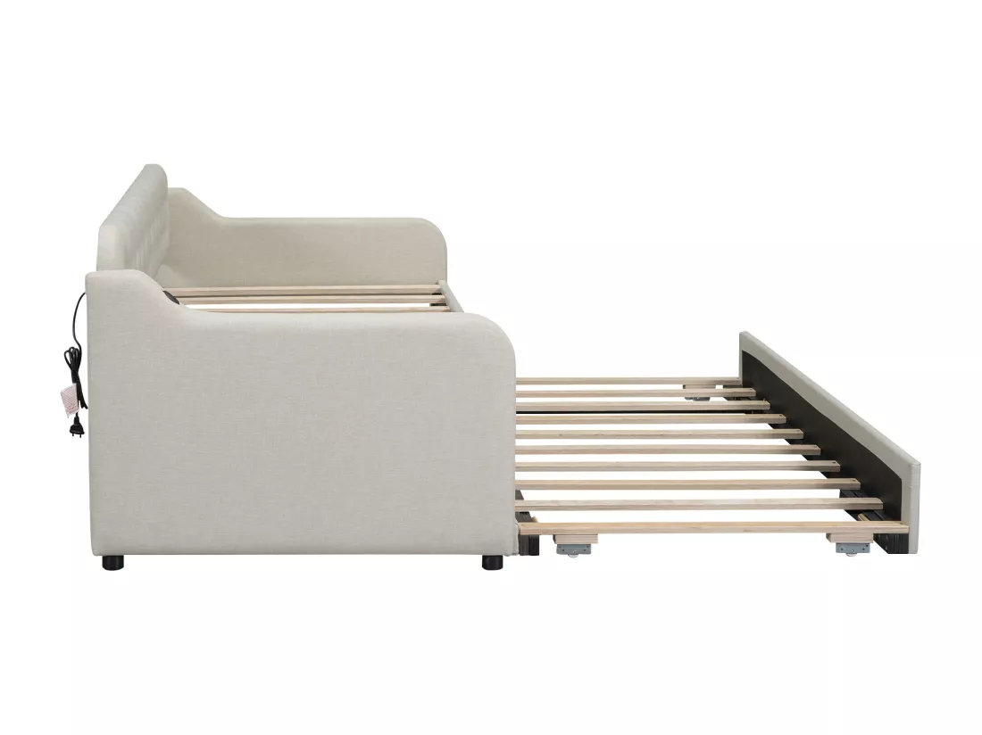 Lit gigogne 90/180x200cm, canapé lit extensible, méridienne avec port USB, sans matelas, beige