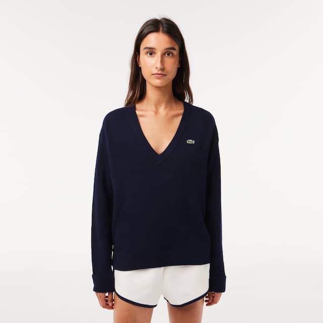 Pull femme Lacoste col en V uni en laine Pullovers - Bleu - Lacoste - Femme